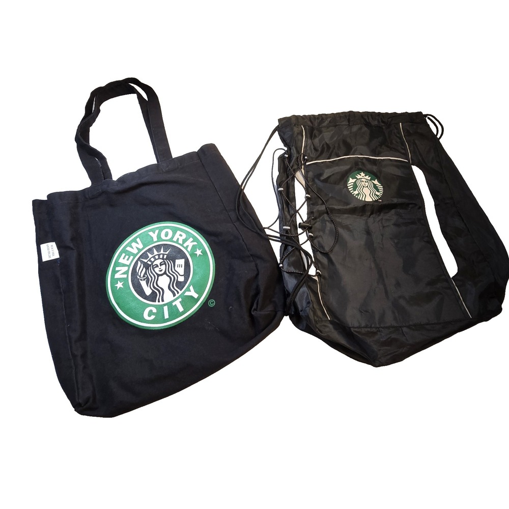Starbucks Leeds Drawstring Cinch Backpack‎ Canvas New York City Bag Lot 2 Canvas